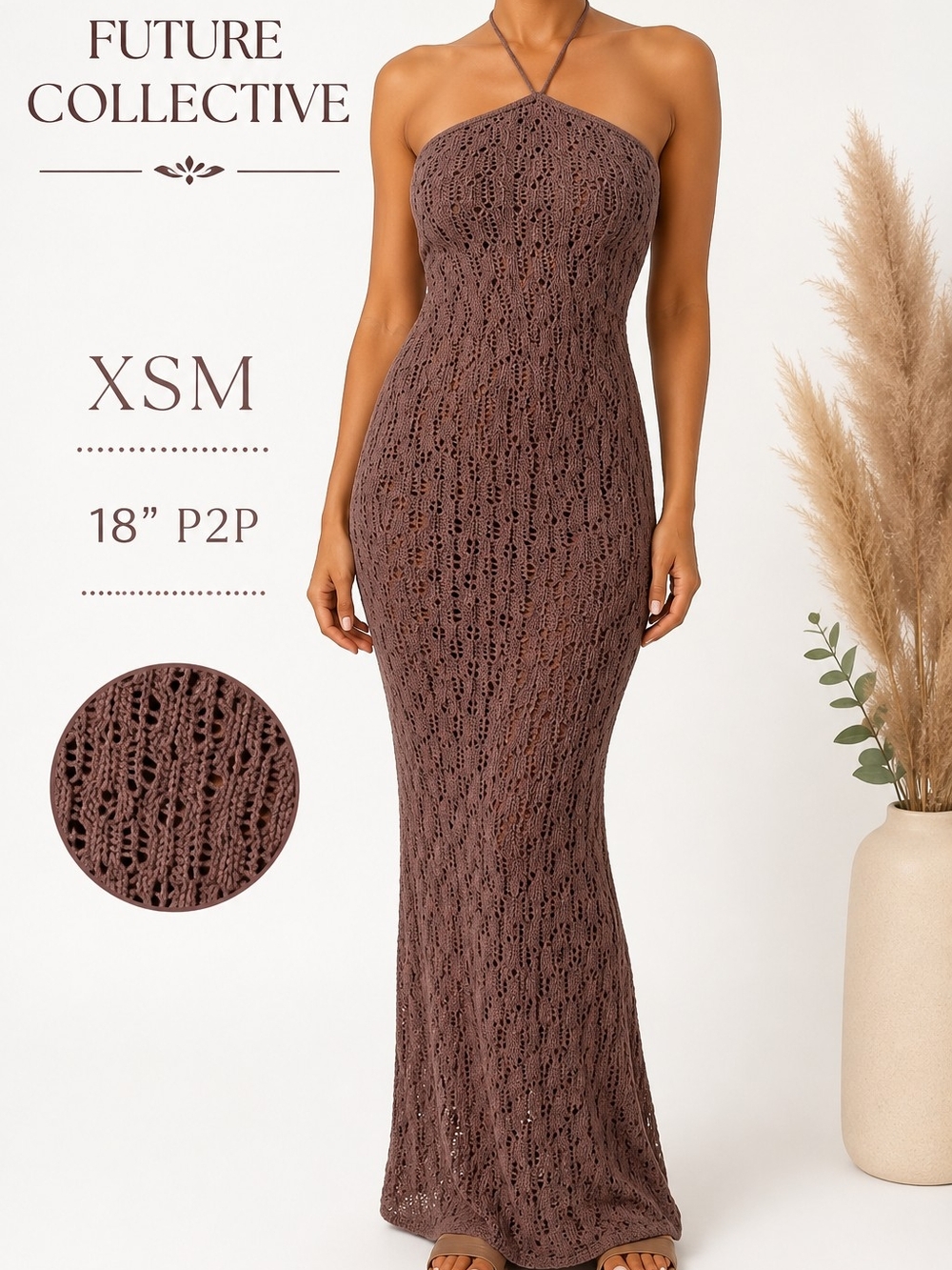Future Collective Brown Crochet Halter Maxi Dress